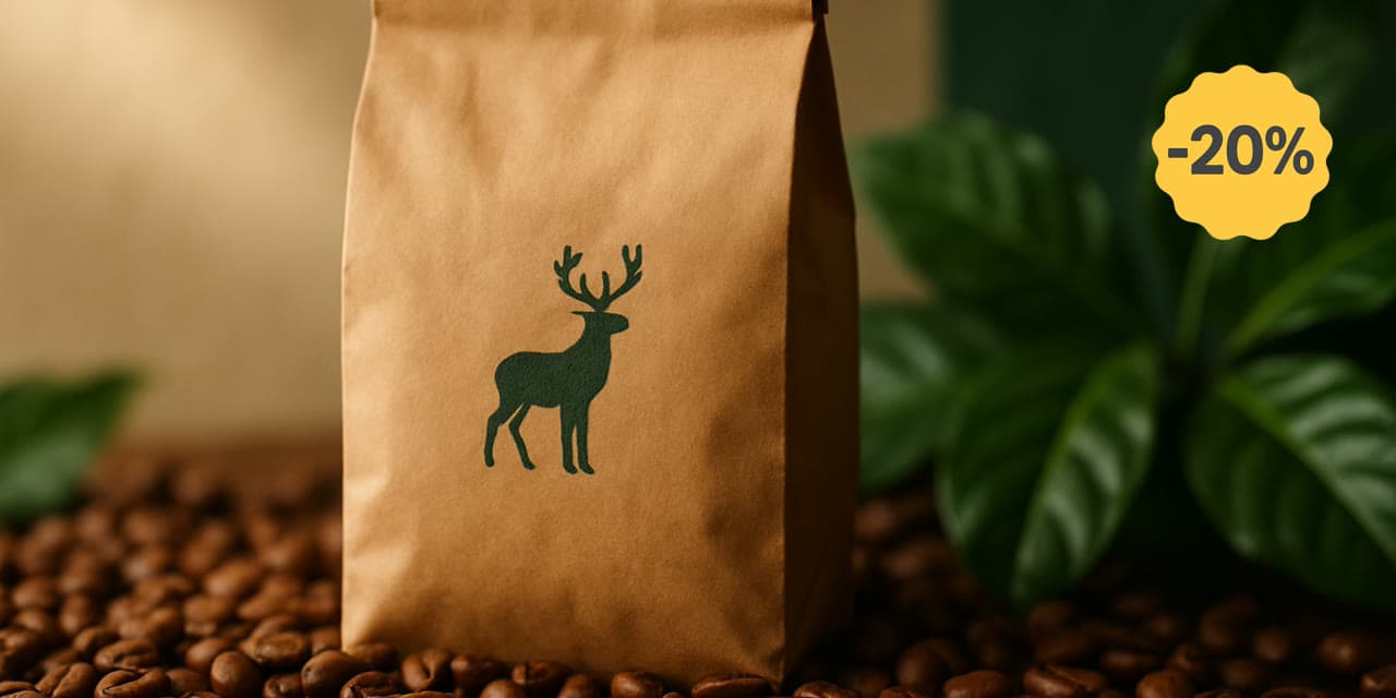 Coffee banner with a yellow -20% badge composited onto the top right corner