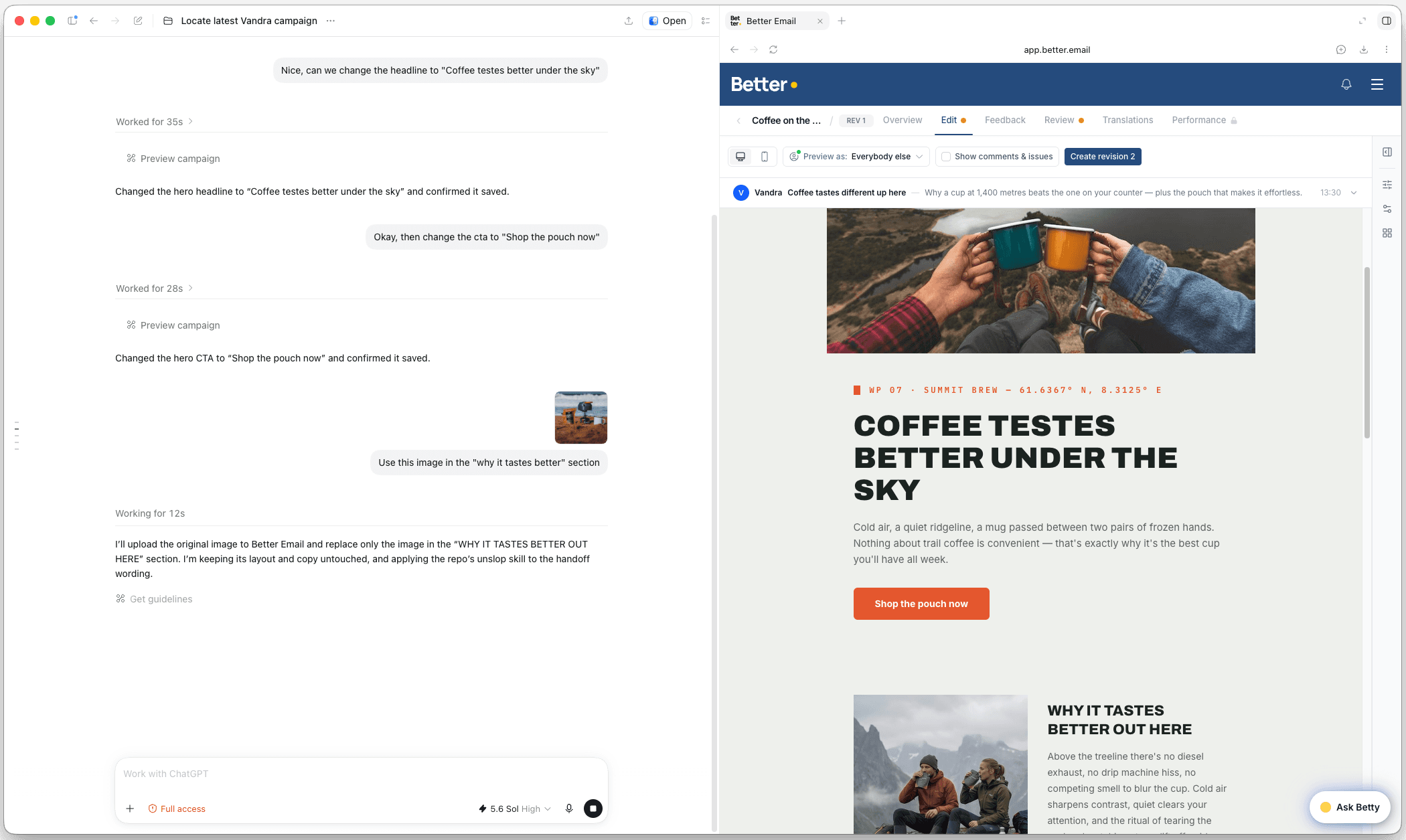 ChatGPT on the left editing a campaign through the Better Email MCP server, with the Better Email editor open on the right showing the updated headline and button